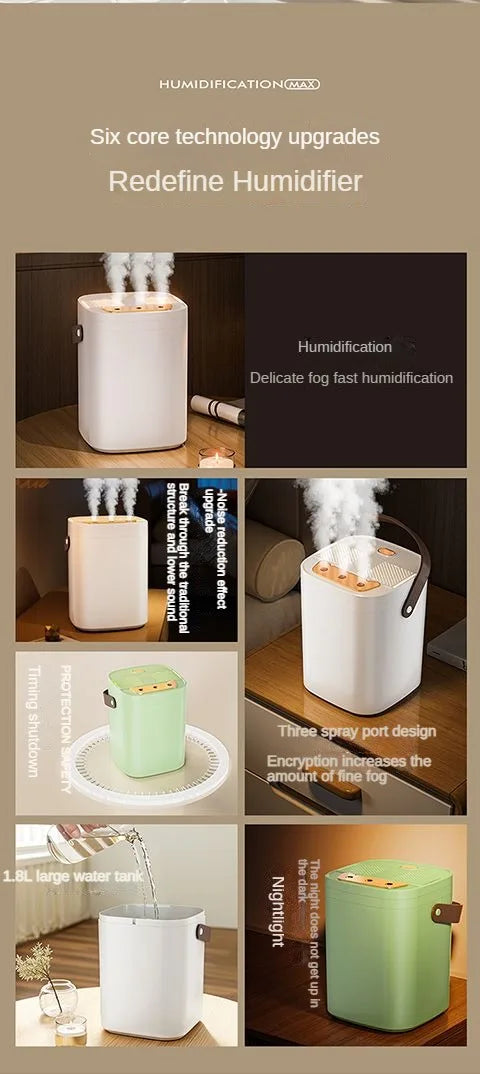 MistCloud 1.8L – Triple Nozzle Night Light Humidifier & Aromatherapy Machine